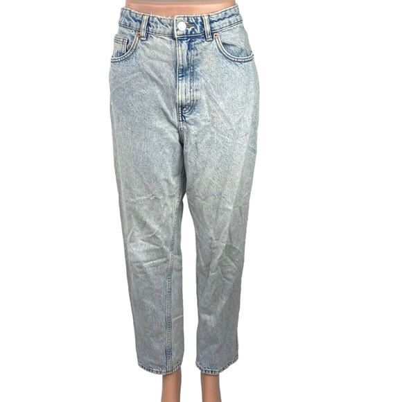 Zara Blue Acid Wash High Rise Tapered Wide Leg Light Wash Crop Denim Jeans 10 - Picture 1 of 4